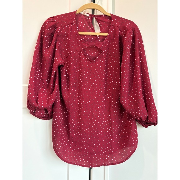 Maurices Burgundy Polka Dot Blouse Bishop Sleeve Cutout Neckline Size M - Picture 2 of 5